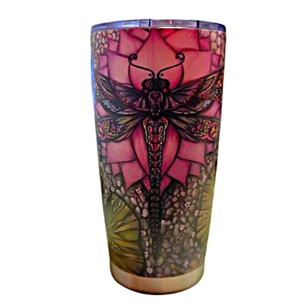 Dragonfly Lotus Flower 20oz Stainless Steel Tumbler Skinny Cup Stained Glass Art